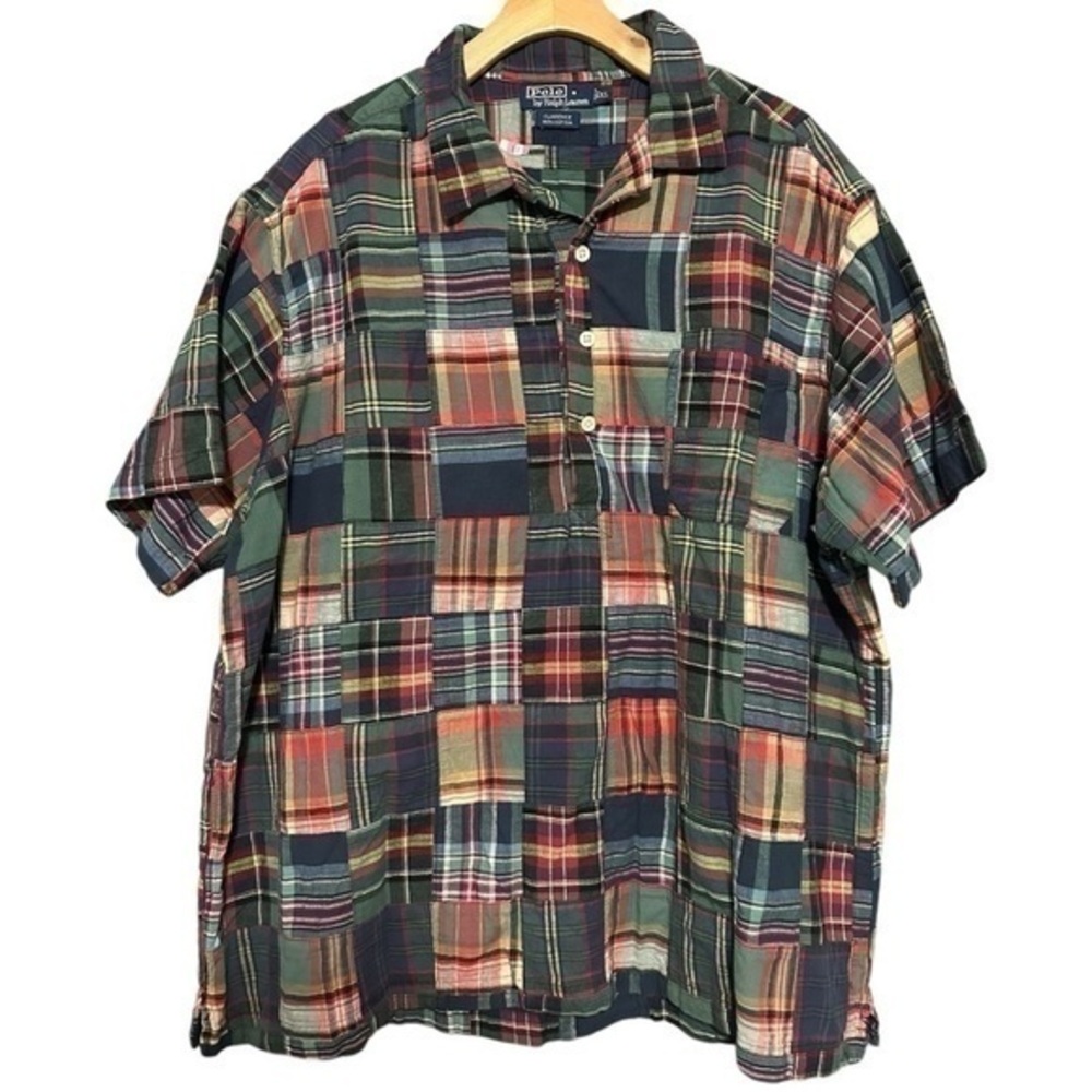Polo Ralph Lauren Vintage Men’s Size XL Green Patchwork Plaid Henley Shirt - Picture 1 of 6
